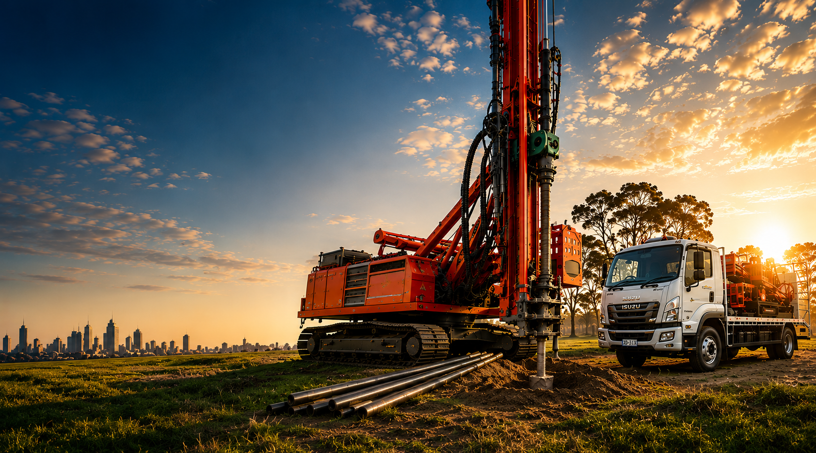 STS Group drill rig and support truck on site at sunset