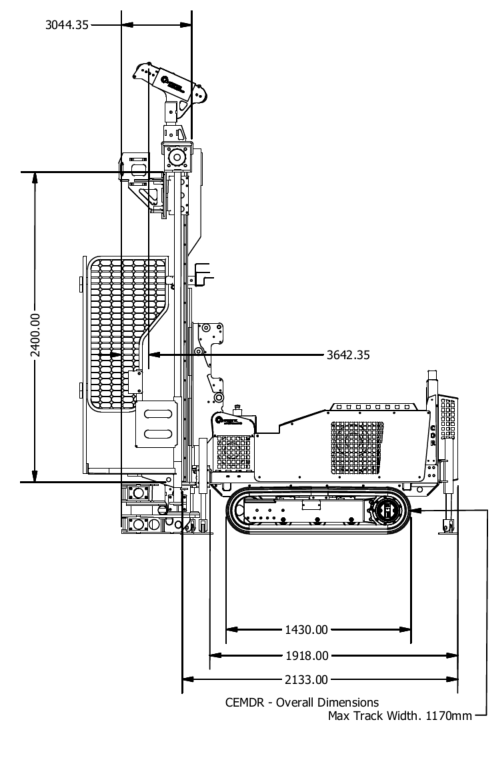 Dimensioned side elevation drawing of the blue tracked mini rig with mast lowered