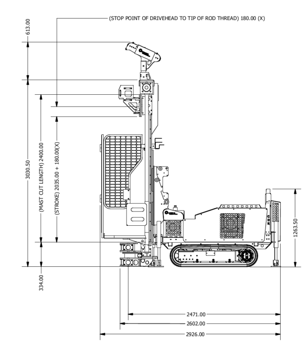 Dimensioned side elevation drawing of the blue tracked mini rig showing mast cut length and stroke