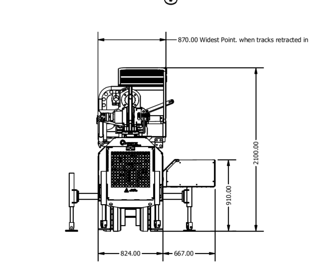 Dimensioned front elevation drawing of the blue tracked mini rig showing 870 mm width with tracks retracted