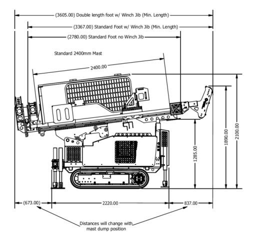 Dimensioned drawing of the blue tracked mini rig showing standard and double length foot and winch jib lengths