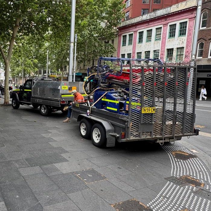 Christie CE108 drilling rig on its trailer in a city street